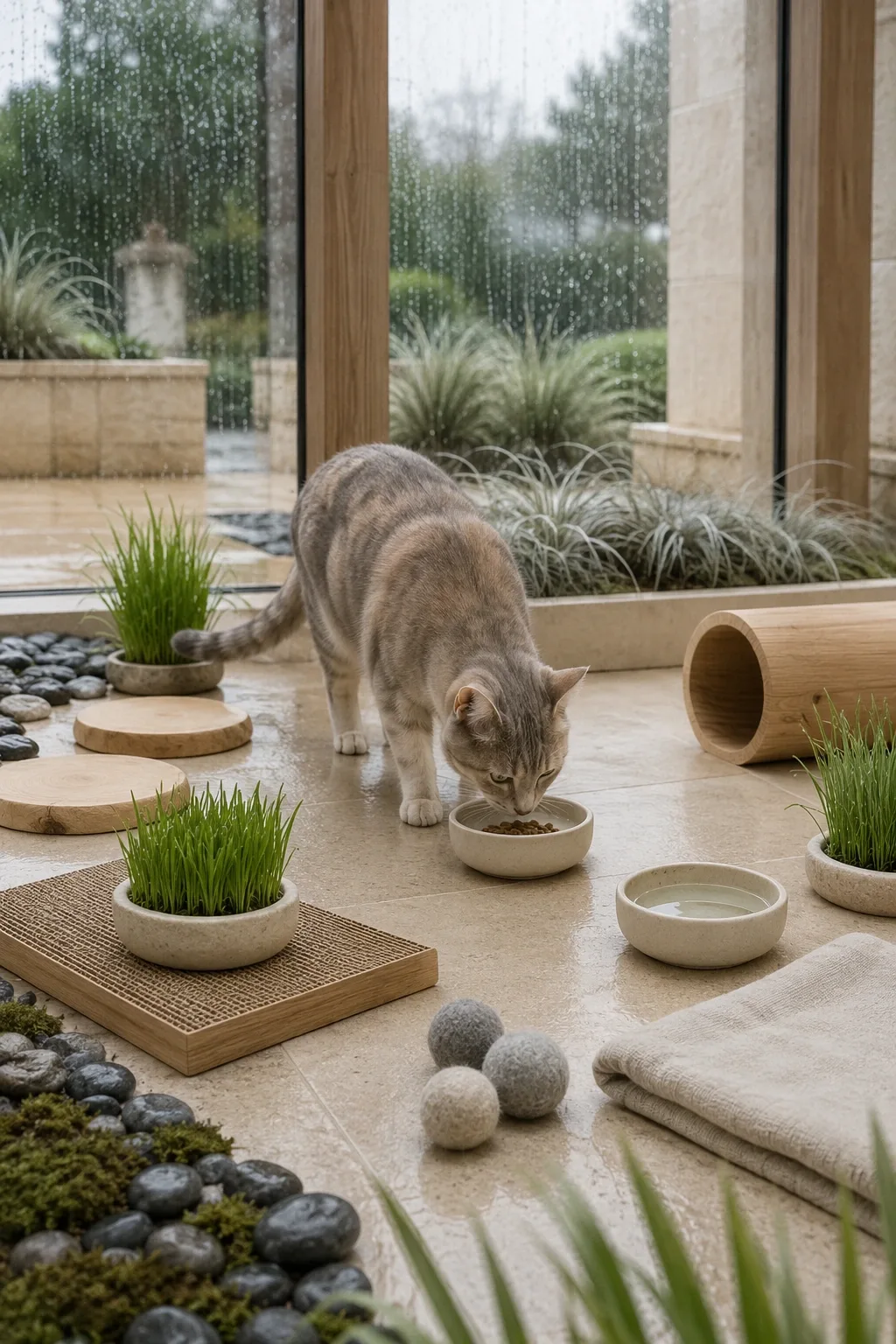Healthy warm-gray and cream domestic cat exploring a natural indoor foraging garden with ceramic bowls, cat-safe grasses, wooden enrichment pieces, and rain-lit conservatory glazing.