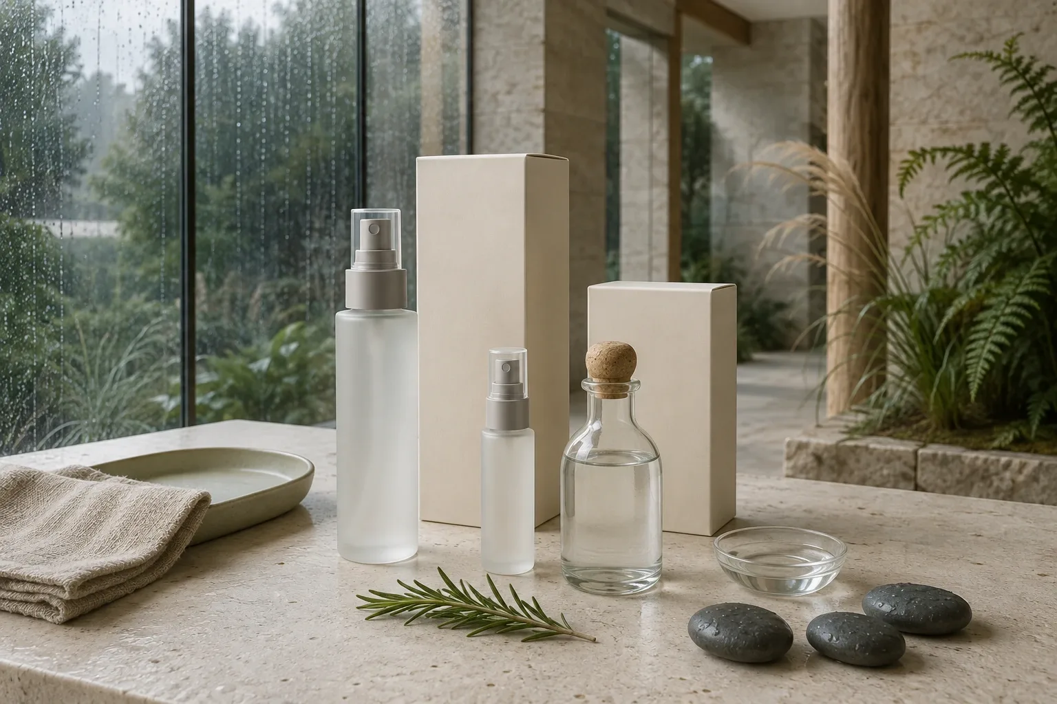 Blank frosted-glass botanical mist bottles, refill carafe, and ivory cartons arranged on a pale limestone counter inside a rainy glass conservatory.