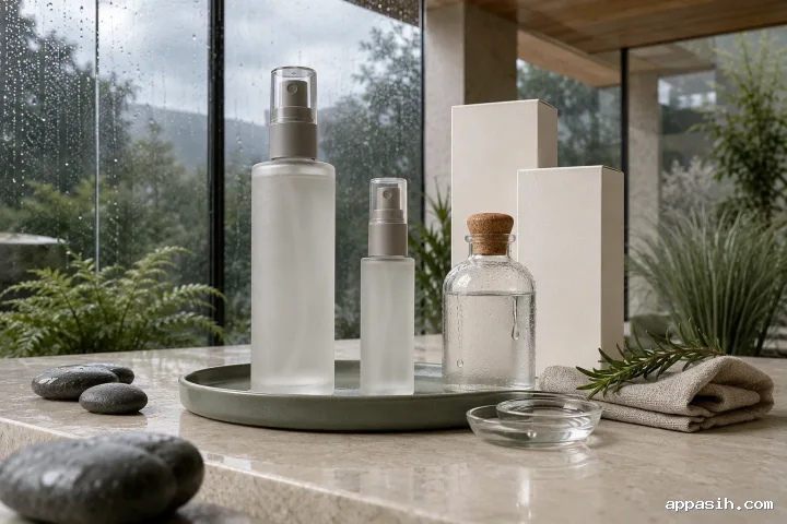 Close low-angle view of blank frosted botanical mist packaging, refill carafe, and ivory cartons on limestone with rain-beaded conservatory glazing behind.