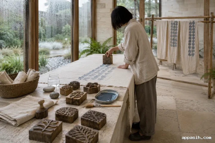Close low three-quarter view of an anonymous artisan lifting a carved wooden block from blue-gray patterned linen inside a rain-covered limestone heritage craft conservatory.