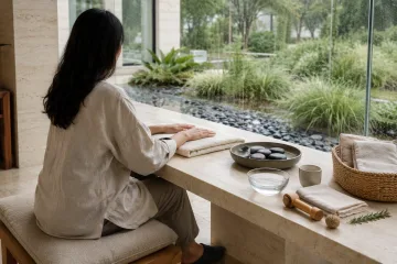 Anonymous adult practicing a calm warm-stone hand-rest ritual at a limestone wellness table inside a rain-washed glass conservatory.