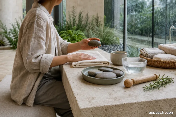 Close side-front view of an anonymous adult gently lifting a warm river stone during a quiet hand-rest wellness ritual in a rainy limestone conservatory.