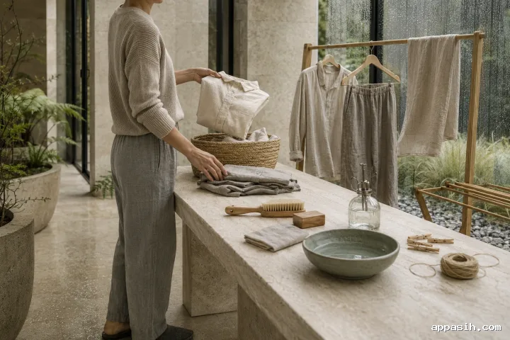 Close low-angle view of an anonymous adult lifting a freshly folded linen shirt beside natural garment-care tools and a timber clothing rail in a softly rain-lit limestone conservatory.