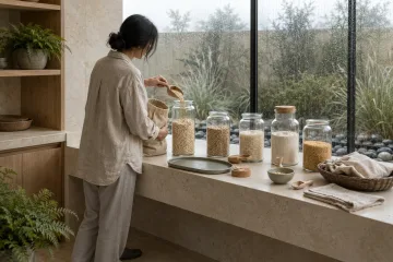 Anonymous adult refilling an unmarked glass pantry jar with rolled oats on a pale limestone counter inside a serene rain-covered glass conservatory kitchen.