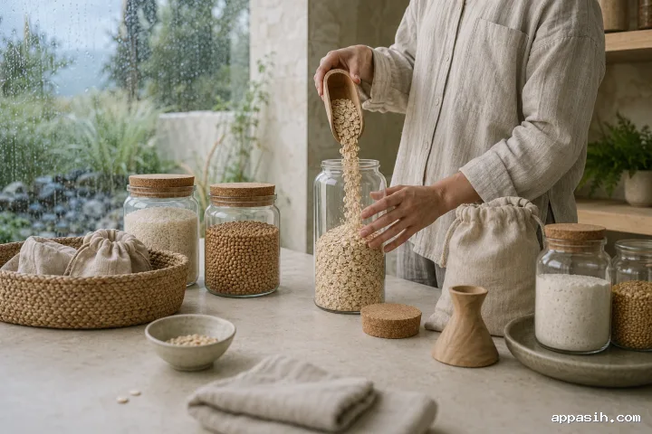 Close side-front view of an anonymous adult pouring rolled oats from a wooden scoop into an unmarked glass pantry jar in a rain-lit limestone conservatory kitchen.