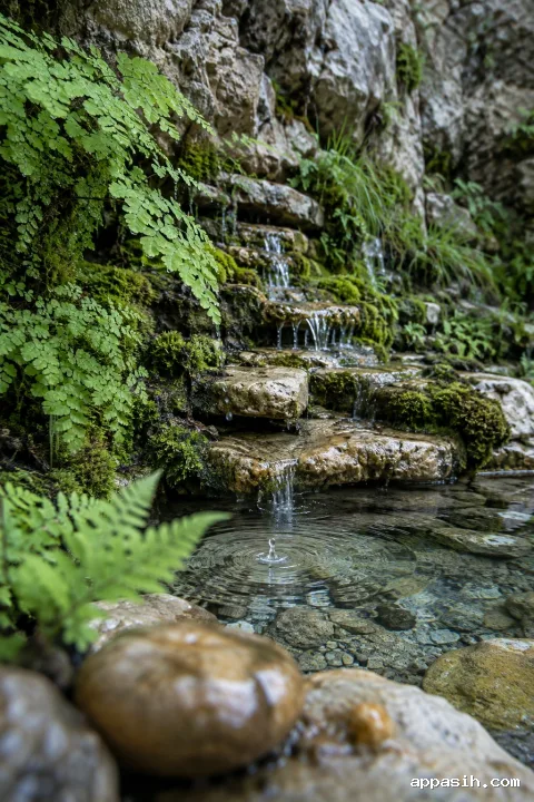 Close low-angle portrait view of the same rain-fed limestone spring terrace, with clear water stepping through mossy ledges, delicate ferns, wet pebbles, a falling droplet, and subtle ripples in soft overcast light.