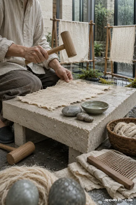 Close low-angle view of an anonymous artisan lifting a grooved wooden mallet above handmade warm-ivory plant-fiber cloth in a rain-lit limestone heritage craft courtyard.