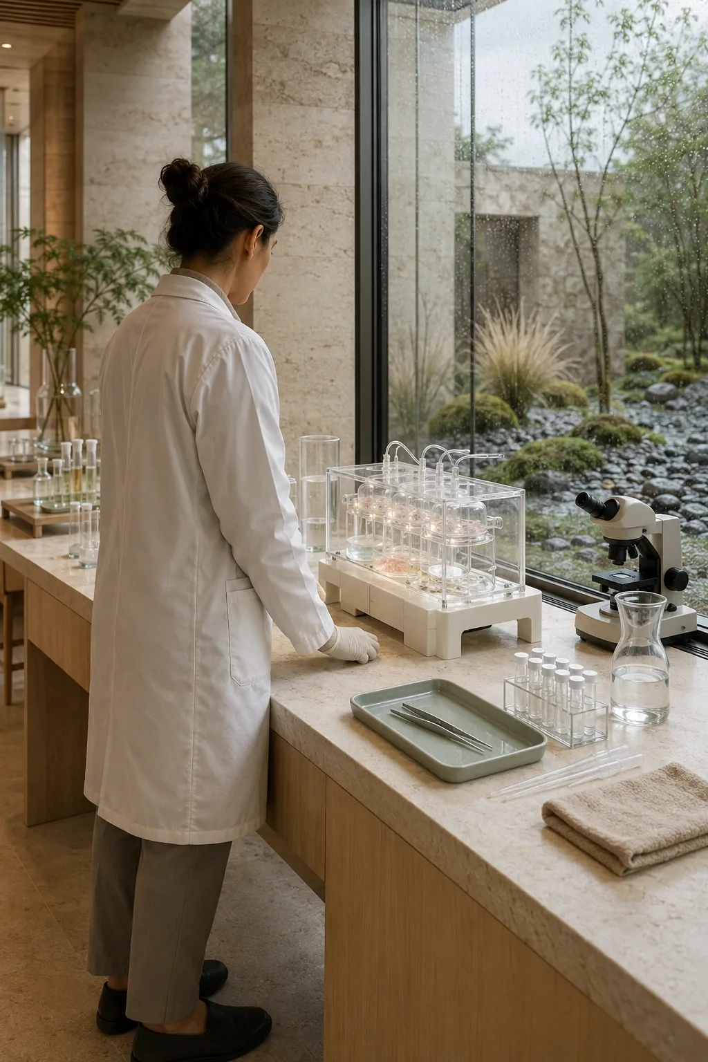 Anonymous biomedical scientist observing a transparent microfluidic tissue culture chamber in a serene rain-lit limestone and glass research laboratory.
