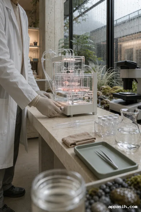 Close low-angle view of an anonymous biomedical scientist adjusting a transparent microfluidic tissue culture chamber in a rain-lit limestone and glass laboratory.