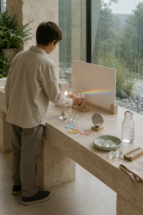 Anonymous learner adjusting a glass prism at a rain-lit conservatory science table while a soft white beam separates into a subtle color spectrum.