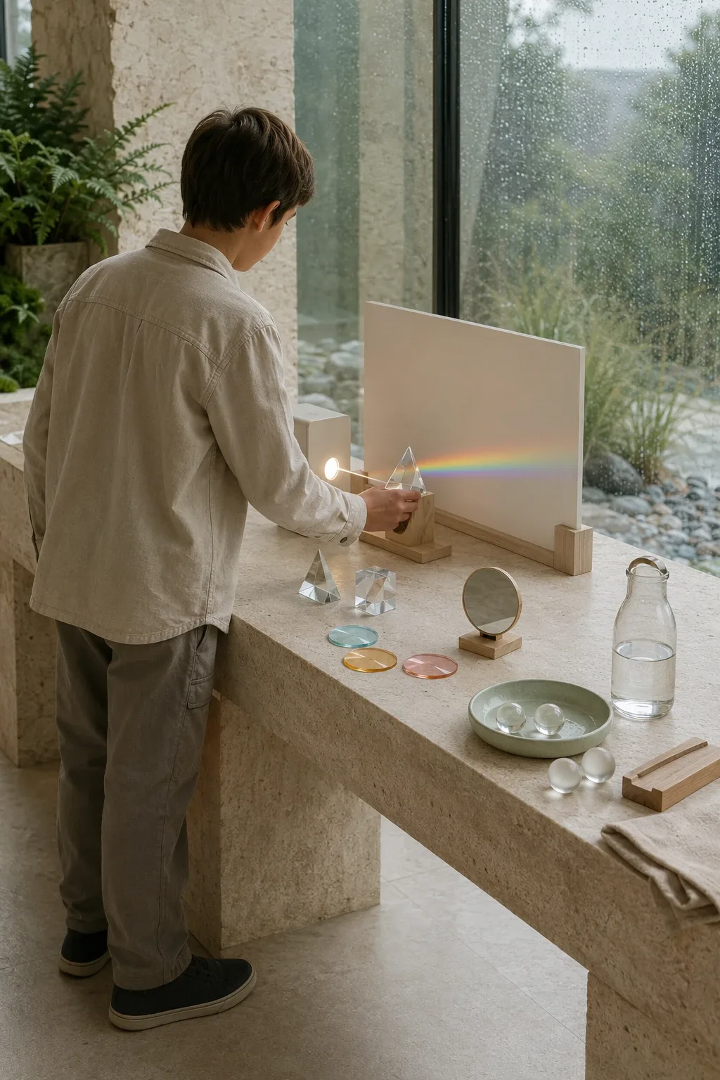 Anonymous learner adjusting a glass prism at a rain-lit conservatory science table while a soft white beam separates into a subtle color spectrum.