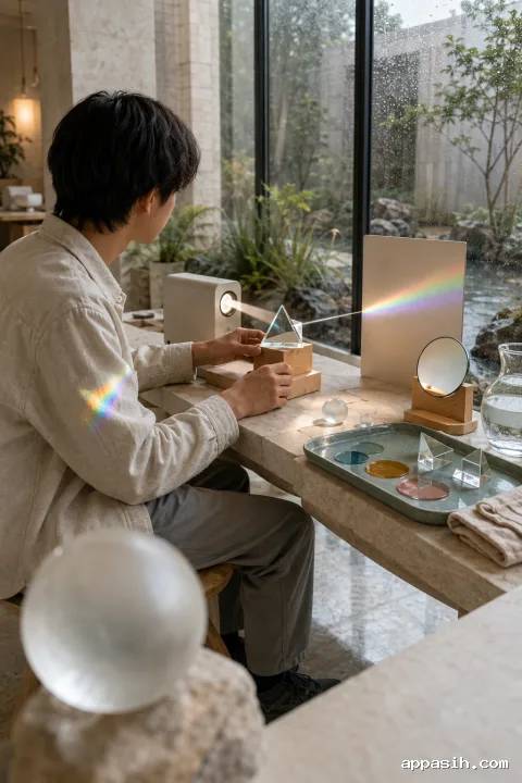 Close low-angle view of an anonymous learner rotating a clear prism as a white beam separates into a restrained spectrum across a blank observation panel in a rainy conservatory learning space.