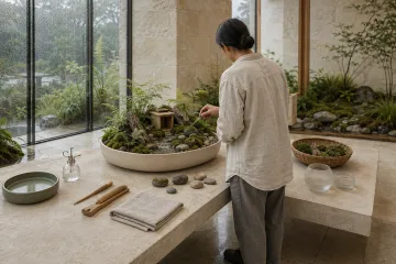 Anonymous habitat keeper tending a mossy miniature woodland refuge on a limestone table inside a rain-washed glass conservatory.