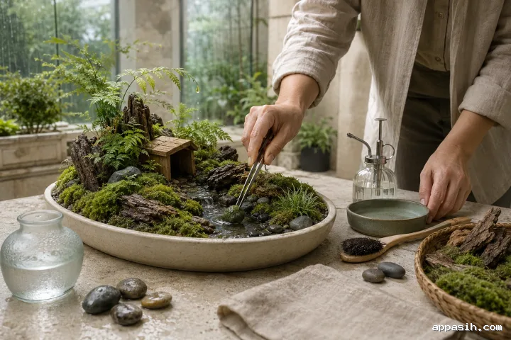 Close side-front view of an anonymous conservatory habitat keeper lowering a moss-covered stone into a miniature woodland refuge during a soft morning shower.