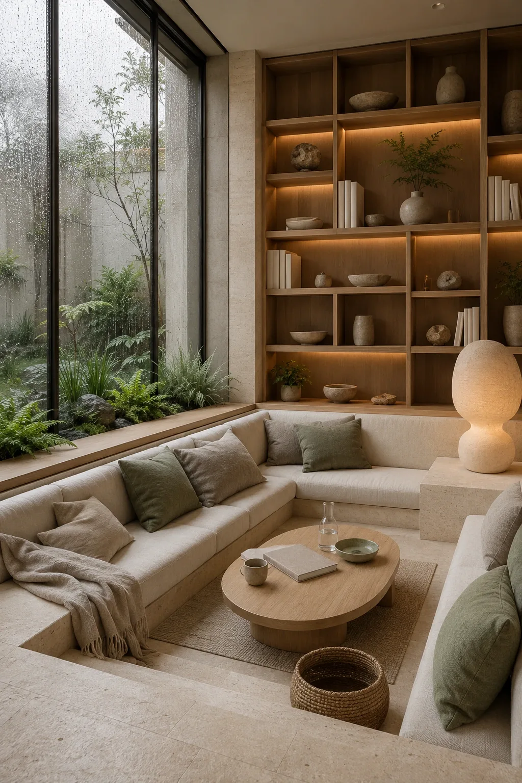 Portrait view of a serene sunken limestone reading nook with warm ivory built-in seating, timber shelving, neutral textiles, indoor greenery, and rain-covered conservatory windows.