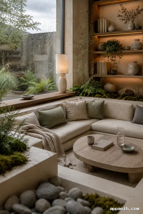 Closer low-angle portrait view into a sunken limestone reading nook with warm ivory seating, oak table and shelving, layered neutral textiles, botanical planters, and softly illuminated rain-beaded glazing.