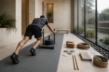 Anonymous athlete pushing a weighted training sled along a charcoal exercise lane inside a pale limestone and glass conservatory during a rainy morning.