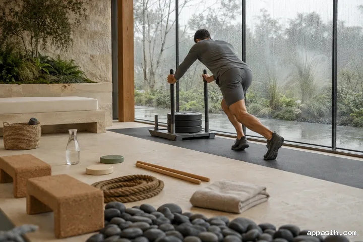 Close low-angle side-front view of an anonymous athlete powerfully pushing a weighted sled through a rain-lit limestone conservatory fitness lane.
