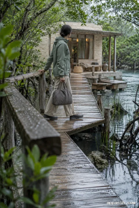 Closer low-angle view of an anonymous traveler carrying a warm-gray overnight bag along a rain-wet mangrove boardwalk toward a softly lit limestone arrival shelter surrounded by tidal water and lush foliage.