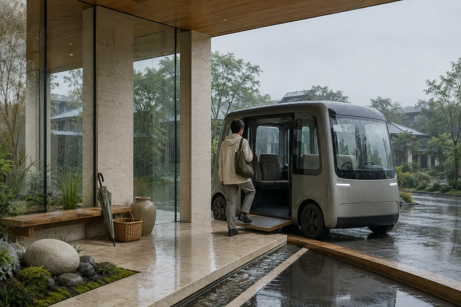 Anonymous traveler boarding an unbranded compact electric microtransit shuttle at a rain-washed pale-limestone and glass mobility pavilion.