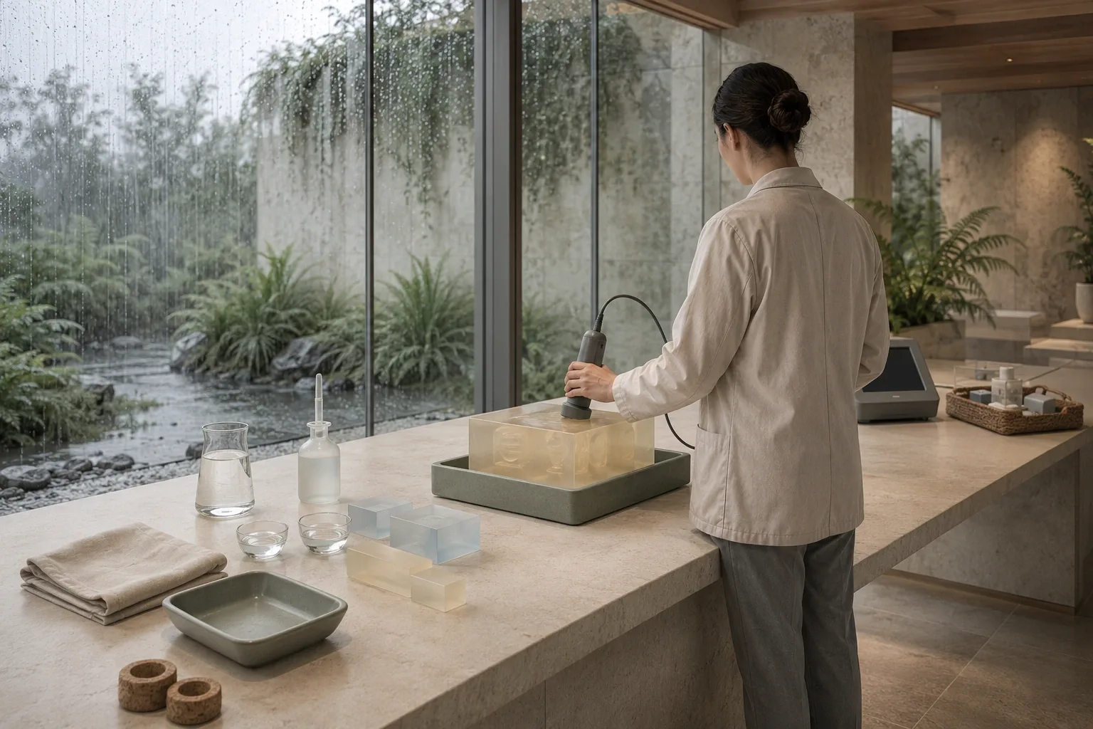 Anonymous biomedical scientist calibrating an unbranded acoustic imaging probe on a translucent training phantom in a serene rain-lit conservatory laboratory.