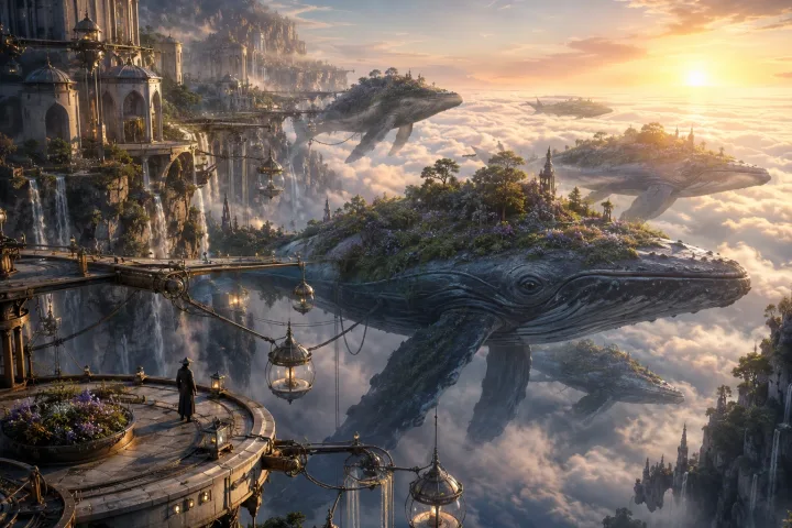 Cinematic concept art of a mountaintop foundry where giant flowers collect eclipse light and produce glowing nectar above the clouds.