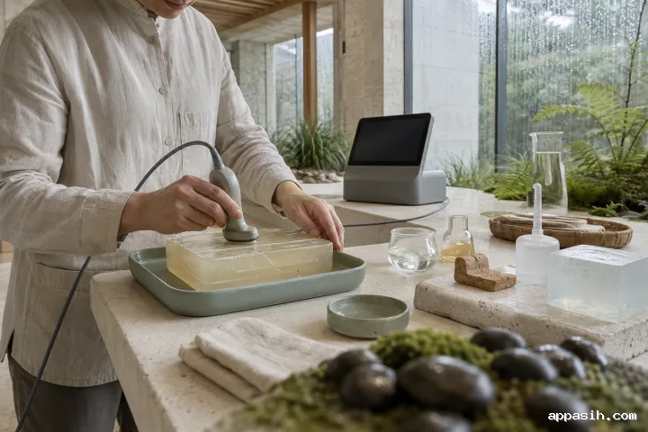 Closer low-angle view of an anonymous biomedical scientist moving an unbranded acoustic imaging probe across a translucent training phantom in a rain-lit conservatory laboratory.