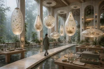 Landscape concept art of an anonymous archive keeper crossing a reflective water court beneath translucent floating seed capsules inside a rain-soaked limestone and glass botanical conservatory.