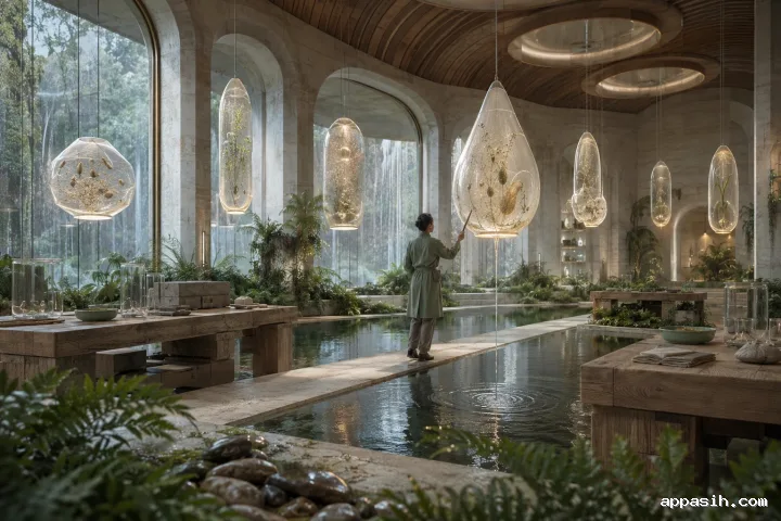 Closer landscape concept art view of an anonymous archive keeper inspecting a glowing translucent seed capsule above a reflective water court in a rain-covered futuristic botanical conservatory.