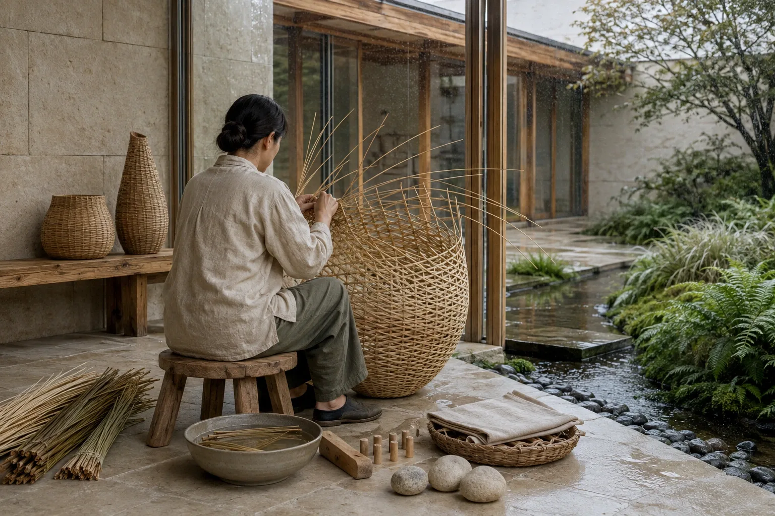 Anonymous artisan weaving a large pale reed basket in a serene rain-washed limestone and glass heritage craft courtyard.