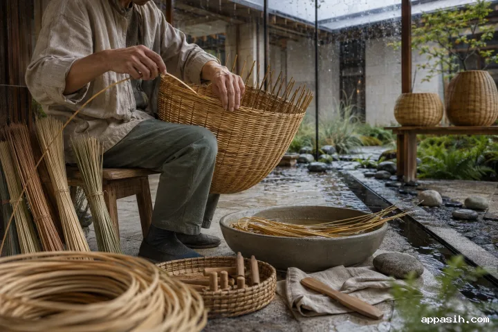 Close side-front view of an anonymous artisan bending a damp golden reed around a half-finished woven basket in a rainy limestone heritage craft courtyard.