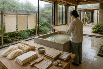 Anonymous artisan lifting a wooden papermaking mould above a mulberry-fiber vat in a rain-washed limestone and glass heritage craft courtyard.
