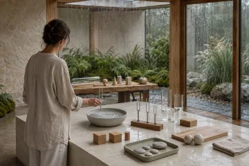 Anonymous educator demonstrating acoustic resonance with a tuning fork and rippling water at a limestone learning table inside a rainy glass conservatory classroom.