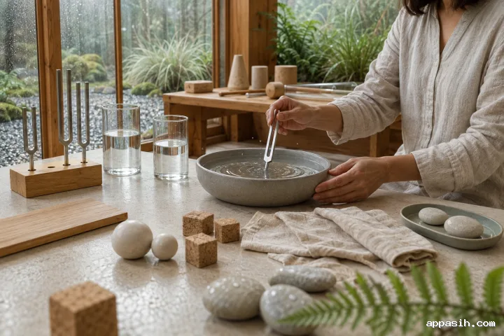 Close side-front view of an anonymous educator creating delicate water ripples with a tuning fork during an acoustic resonance lesson in a rain-washed limestone and glass conservatory classroom.
