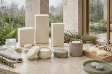 Minimal refillable solid fragrance packaging set with blank ceramic vessels, refill inserts, cartons, linen, stones, and botanical accents on a limestone counter in a rainy glass conservatory.