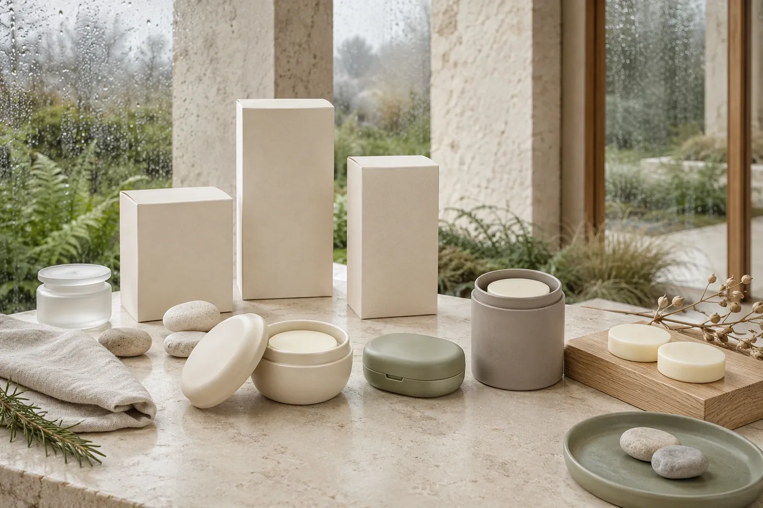 Minimal refillable solid fragrance packaging set with blank ceramic vessels, refill inserts, cartons, linen, stones, and botanical accents on a limestone counter in a rainy glass conservatory.