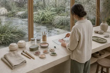 Anonymous cosmetic formulator blending muted-rose mineral cream tint on a glass palette beside unbranded ceramic cosmetic pots and frosted jars in a rain-washed limestone conservatory beauty atelier.
