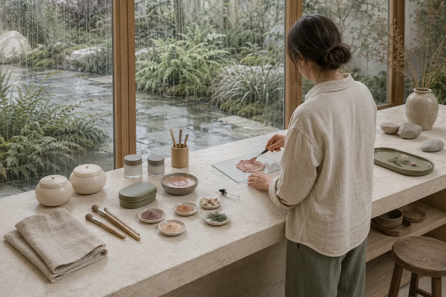 Anonymous cosmetic formulator blending muted-rose mineral cream tint on a glass palette beside unbranded ceramic cosmetic pots and frosted jars in a rain-washed limestone conservatory beauty atelier.