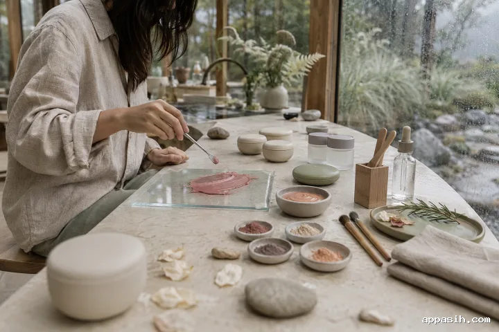 Closer low side-front view of an anonymous cosmetic formulator lifting a spatula from a glass palette of muted-rose mineral cream tint among unbranded ceramic pots and frosted jars in a softly rainy conservatory beauty atelier.