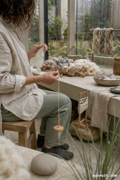 Close side-front view of an anonymous artisan releasing a wooden drop spindle while drafting warm ivory wool in a rain-washed limestone conservatory heritage workshop.