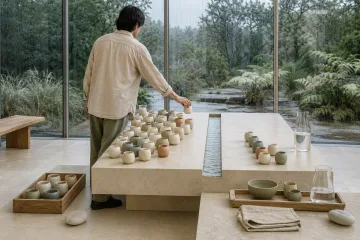 Anonymous facilitator transfers a ceramic resource unit between unequal allocations on a limestone table inside a rainy glass conservatory, symbolizing fair resource distribution.
