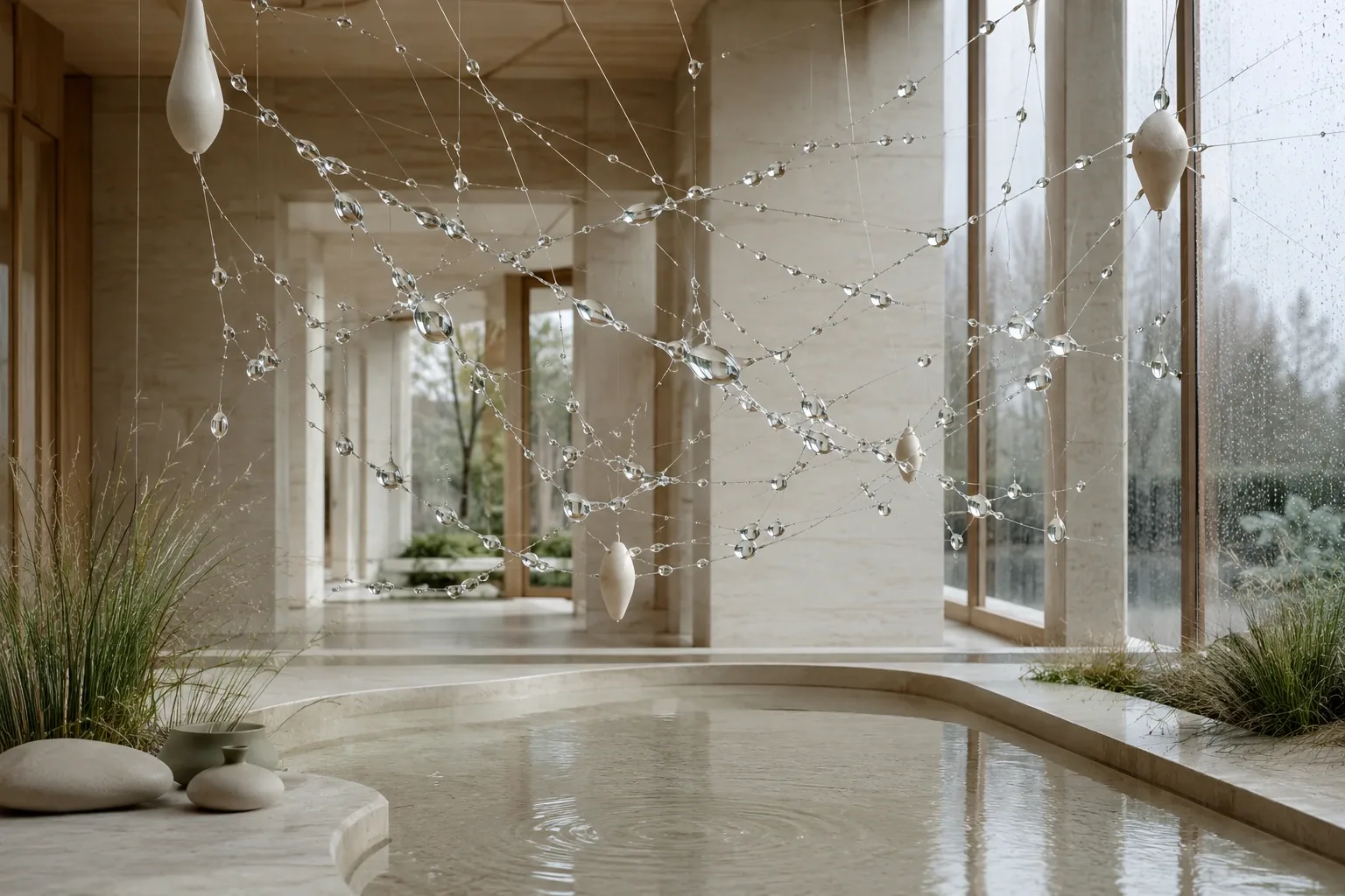 Abstract suspended glass filament mesh holding clear water droplets above a pale stone basin in a rain-washed limestone conservatory.