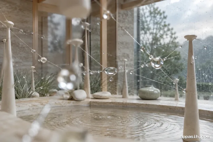 Close low-angle abstract view of a transparent filament tension field with merging water droplets above a rippling pale-stone basin in a rainy conservatory.