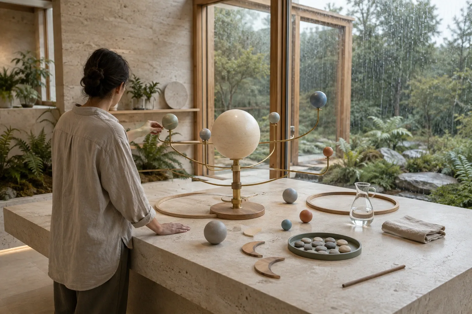 Anonymous educator demonstrating orbital motion with a tactile mechanical astronomy model on a limestone learning table inside a rain-washed glass conservatory classroom.