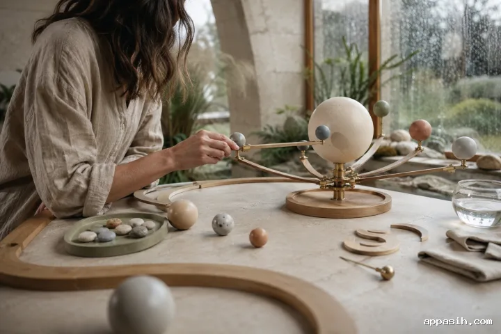 Close three-quarter view of an anonymous educator moving an articulated orbital model around a central sphere during a tactile astronomy lesson in a rain-washed conservatory classroom.
