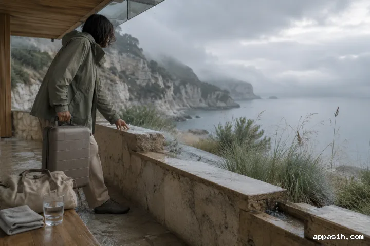 Closer low-angle view of an anonymous traveler lifting a warm-gray suitcase on a rain-wet limestone cliff terrace above a calm misty coastal cove.