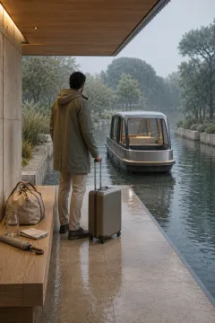 Anonymous traveler with luggage waiting at a modern limestone canal pavilion as a small electric shuttle approaches through gentle morning rain.