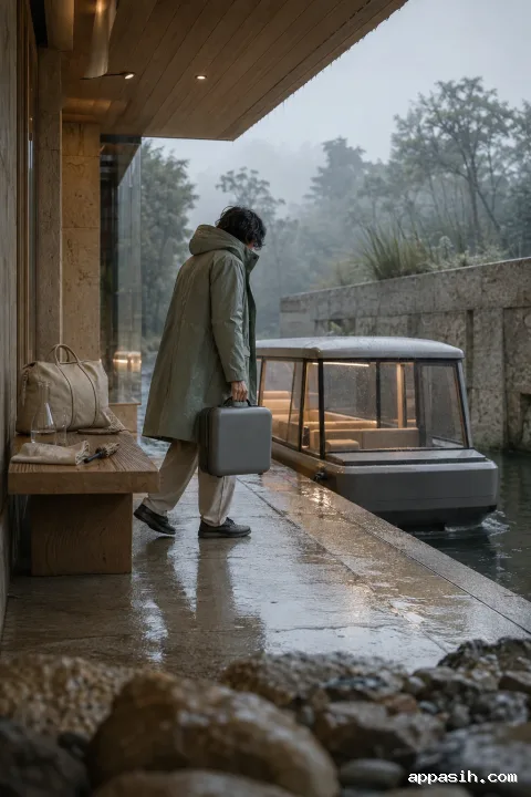Closer low-angle view of an anonymous traveler lifting a suitcase as a small electric canal shuttle arrives at a rain-soaked limestone transfer pavilion.