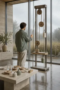 Anonymous educator demonstrating mechanical advantage with a sculptural pulley and ceramic counterweight learning apparatus inside a rain-lit contemporary conservatory.