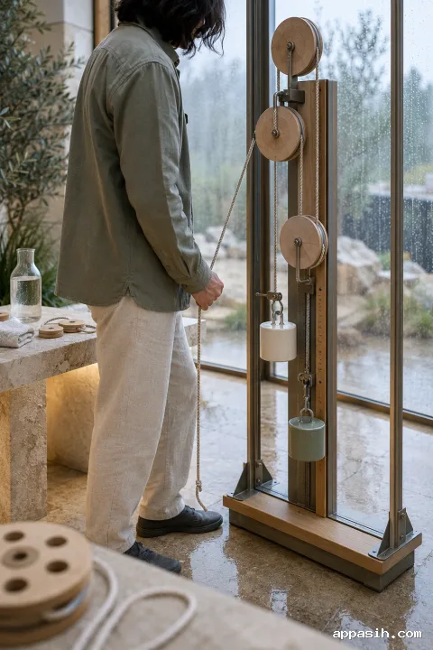 Closer low-angle view of an anonymous educator operating a three-pulley mechanical advantage learning apparatus with ceramic counterweights inside a softly rain-lit conservatory.
